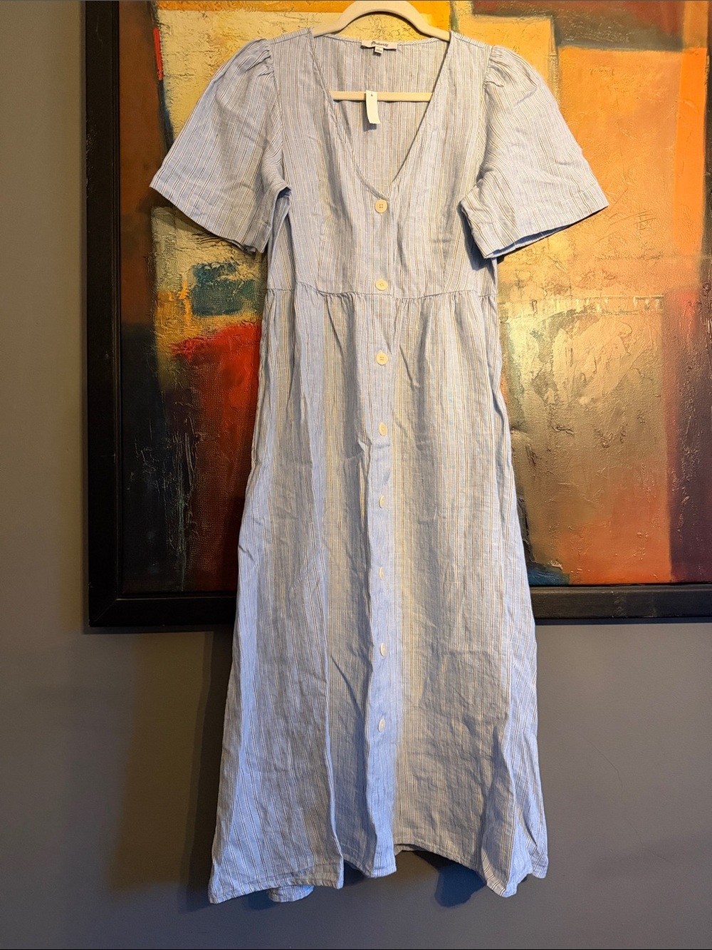 NWT Madewell 100% Linen Cassie Button-Front Striped Midi Dress, Small 🤍